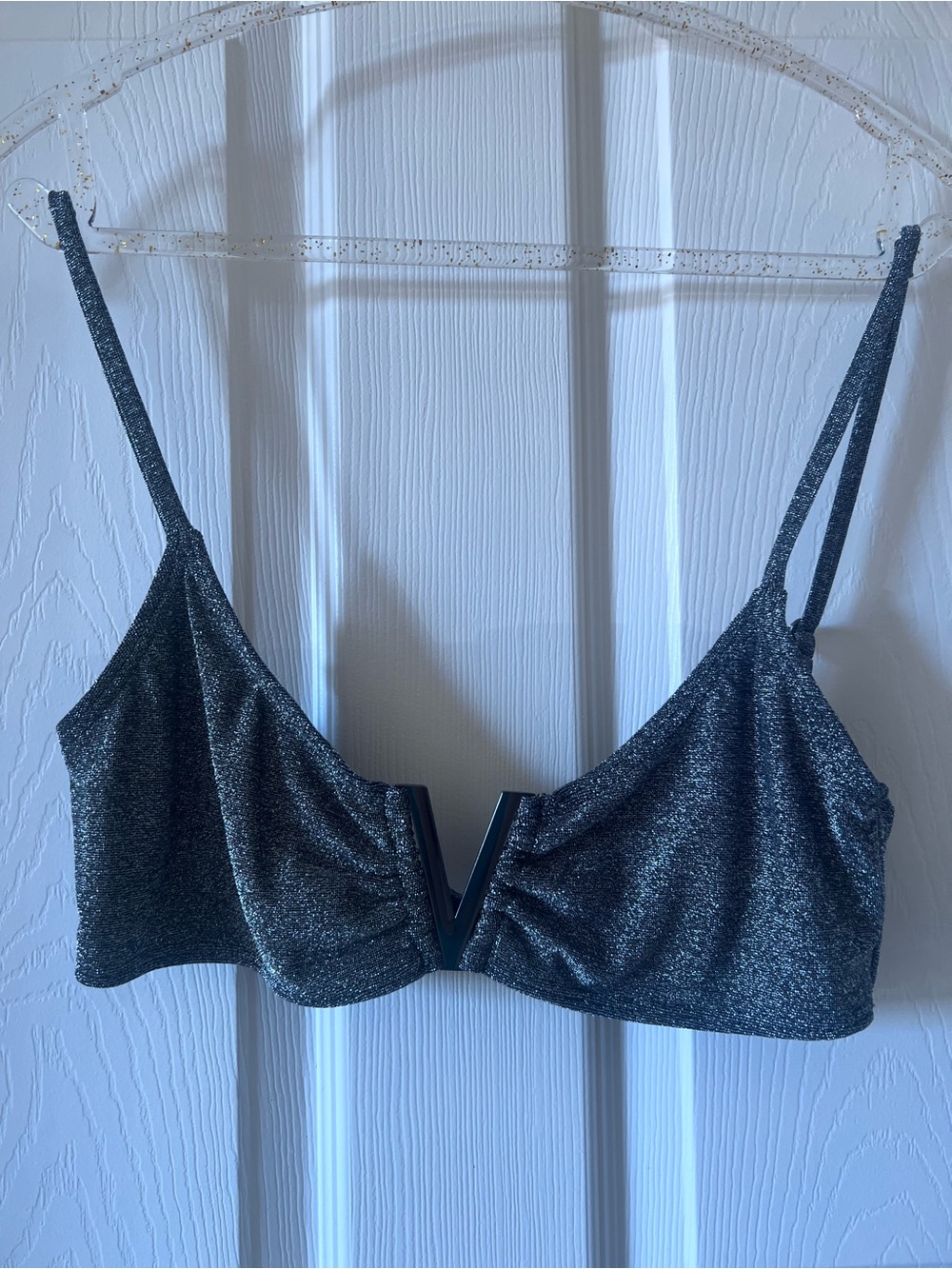 South Beach Gunmetal Gray Metallic Shimmery V-Plunge Bikini Top NWOT 14